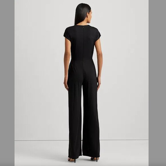 Lauren Ralph Lauren Black Tie-Front Jersey Wide-Leg Jumpsuit | Size 14 - Picture 3 of 8